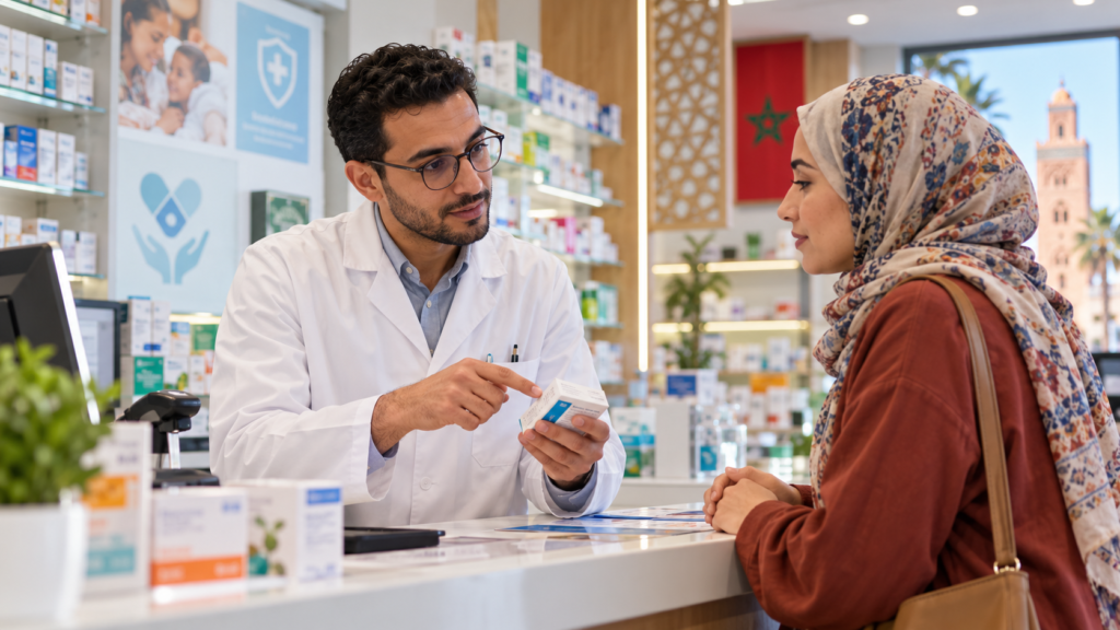 Pharmacien conseillant une patiente dans une pharmacie au Maroc