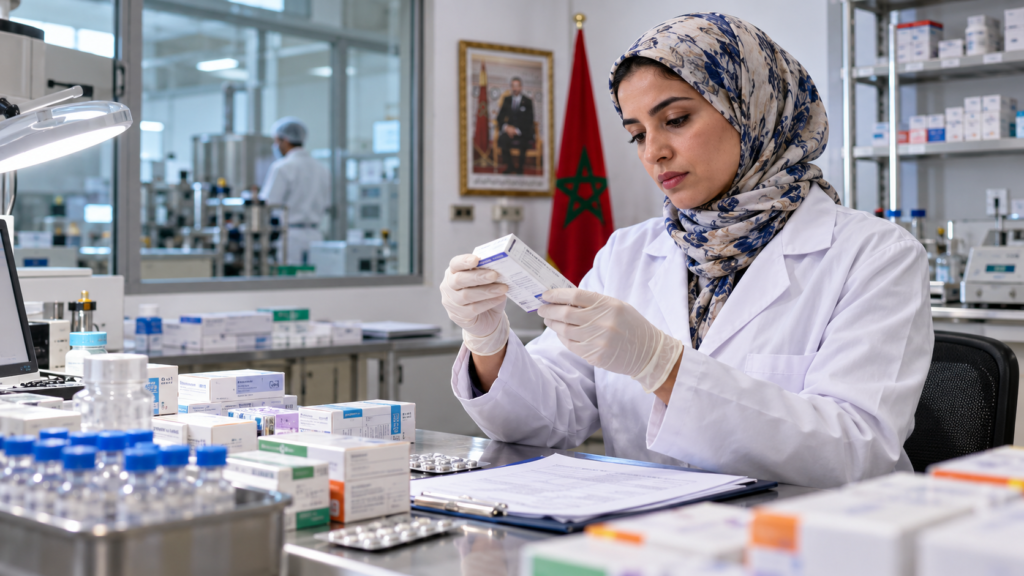 Professionnelle marocaine effectuant un contrôle pharmaceutique en laboratoire