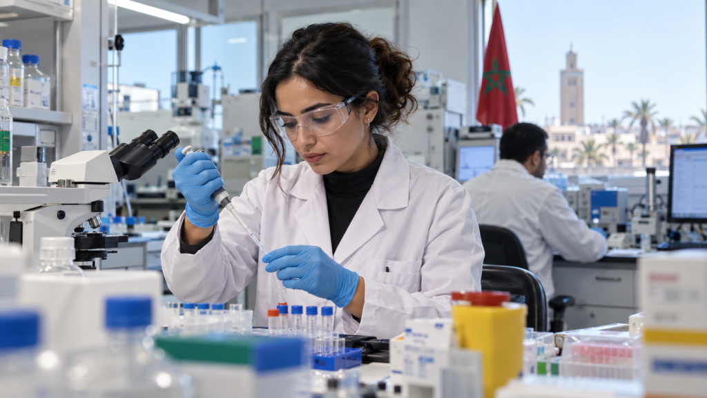 Scientifique marocaine travaillant dans un laboratoire pharmaceutique au Maroc